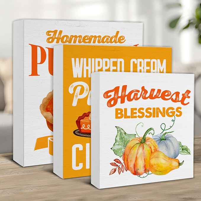 3 Pcs Fall Wood Signs Decor Autumn Pumpkin Wood Block Signs Farmhouse Fall Pumpkin Pie Harvest Blessings Wooden Box Signs Home Decorations for Tiered Tray Desk Table Shelf