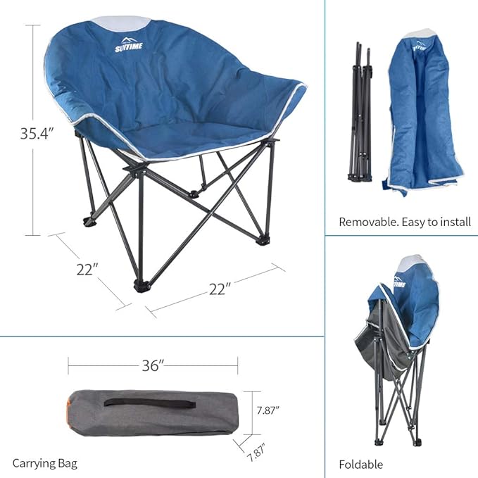 OUTDOOR LIVING SUNTIME Oversized Padded Camping Chair,Portable Comfy Outdoor Folding Moon Round Saucer Chairs for Adults with Holder and Carry Bag, Perfect for Hiking Lawn Patio Sports(Blue 2 Pack)