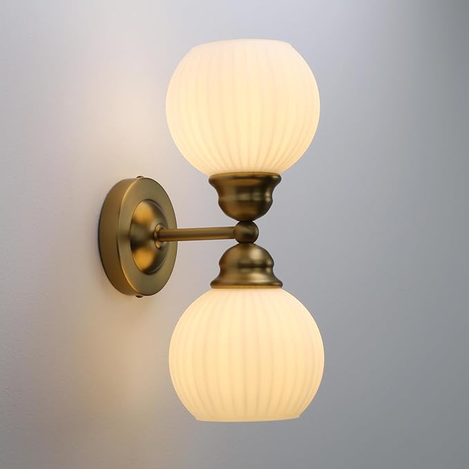 Pathson 2-Light Milk White Wall Sconces Striped Glass, Modern Bathroom Sconces Wall Vanity Light Fixtures Brass Finish, Vintage Wall Sconce Lamp for Mirror Living Room Bedroom Farmhouse Lighting