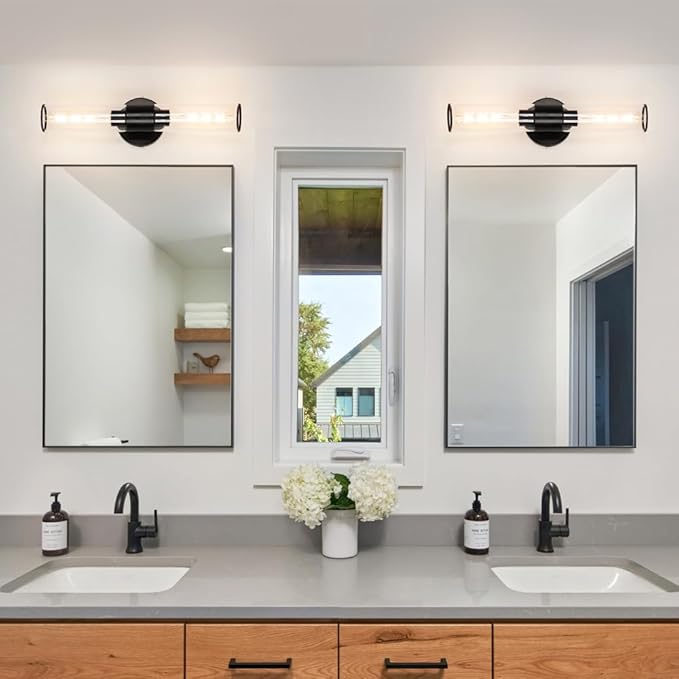 Matte Black Bathroom Sconces Wall Lighting, 2 Light Hardwired Bathroom Vanity Light, Modern Wall Sconce set of Two, Wall Mounted Light for Mirror, Makeup Vanity, Washroom, Hallway (Bulbs Not Included)