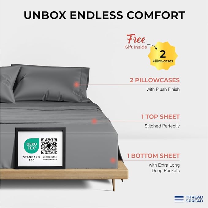 THREAD SPREAD 100% Egyptian Cotton King Size Sheets Set - Luxury 1200 Thread Count Egyptian Cotton Sheets King Size, 17" Deep Pocket, Soft, Cooling Sateen Weave Hotel Quality Bedding Set - Dark Grey