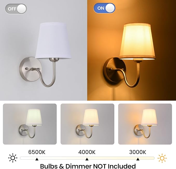 Wall Sconce Set of 2, Brushed Nickel Bathroom Vanity Sconces Wall Lighting, Indoor Wall Lights with Light Beige Fabric Shades, Wall Mounted Lamps for Bedroom Living Room Hallway