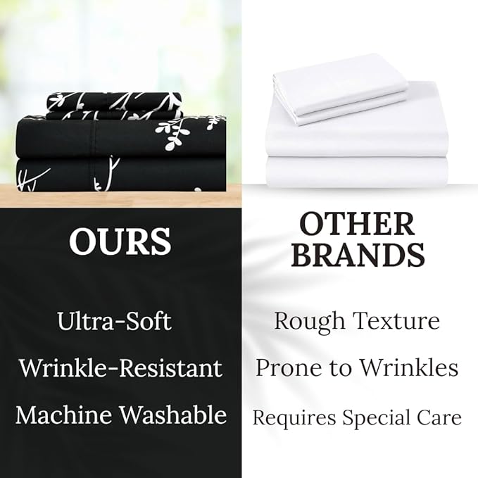 Spirit Linen Twin Sheets Sets - Pure Microfiber 3 Piece Polyester Bed Sheets - Twin Sheets for All Seasons (Foliage Black/White, Twin/Twin XL)