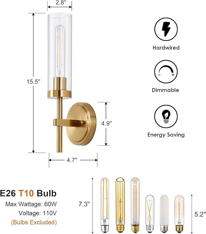 Hardwired Gold Wall Sconces Set of 2, Modern Bathroom Sconces Wall Lighting Vanity Light Fixtures with Clear Glass, Brushed Brass Wall Decor Lights for Mirror Living Room Bedroom Hallway Stairwell