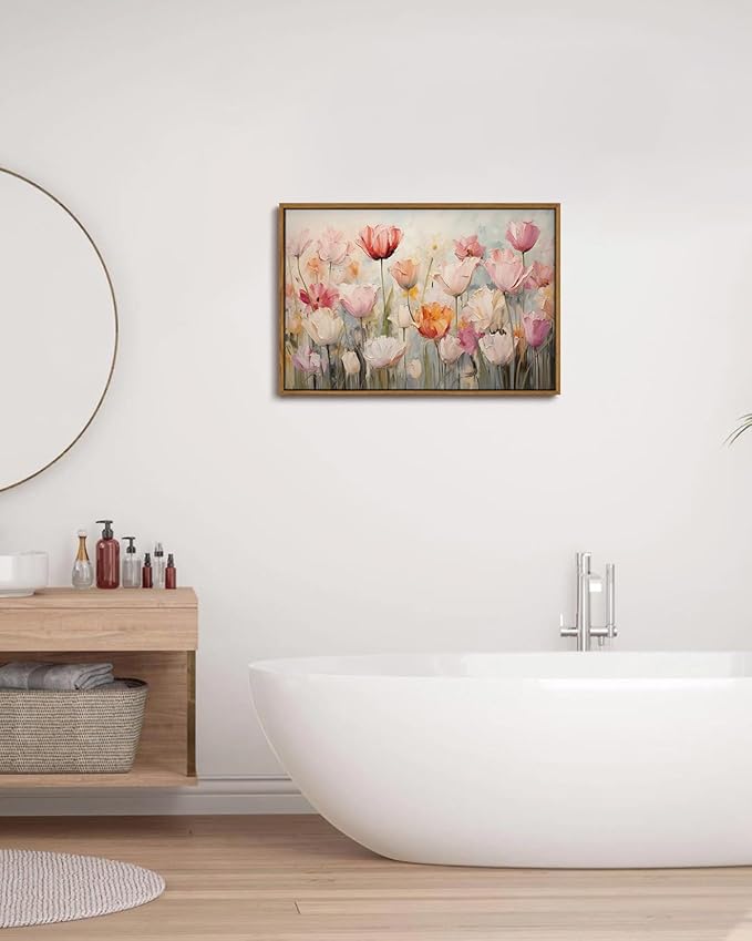 KISSFOX Boho Textured Floral Canvas Wall Art Blush Peach Tulips Framed Wall Art Vintage Colorful Paintings Artwork Abstract Modern Art Prints For Bedroom Kitchen Living Room