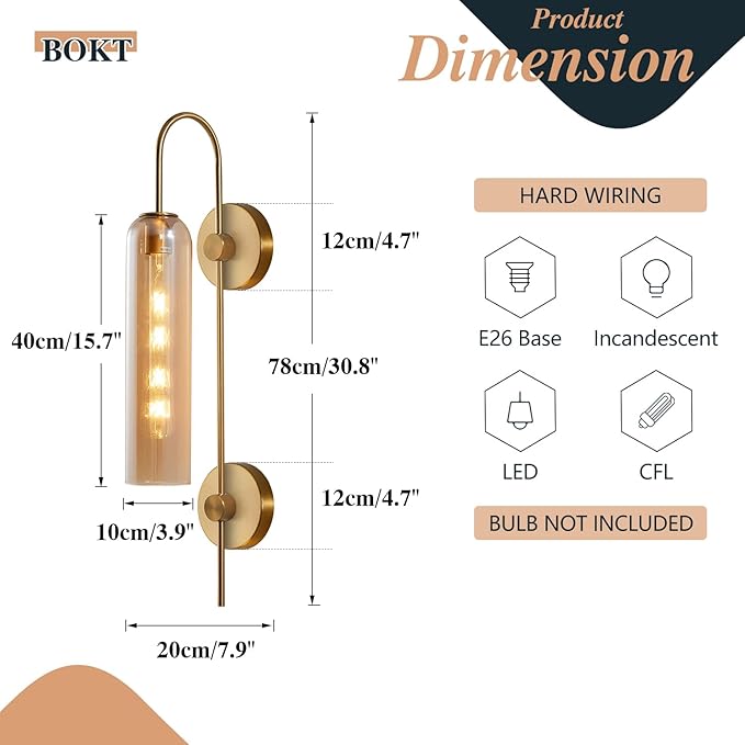 BOKT 1 Light Modern Amber Glass Wall Sconce 31" Mid Century Brushed Brass Tube Wall Sconces Lighting Gold Wall Mounted Light Fixture Indoor Bathroom Vanity Wall Lamp for Bedroom Living Room (Amber)