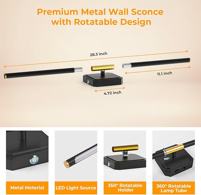 Battery Operated Wall Sconce Detachable 360°Rotate, Wireless Wall Lamp 3000-6500K Dimmable, 10000mAh Rechargeable Wall Light for Bedroom, Living Room,28" Black Gold (1 Pack)