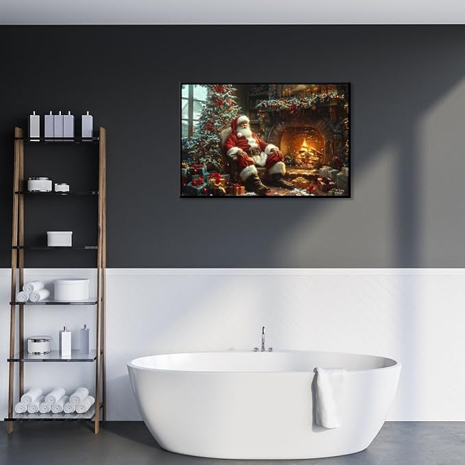 Vintage christmas wall art christmas tree gift canvas poster winter room holiday decor santa claus cozy fireplace decoration for living room bedroom black framed36x24inch