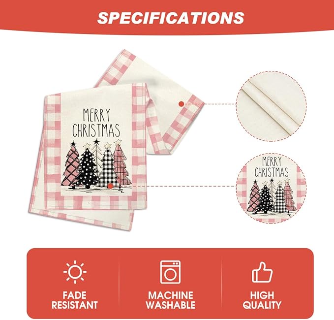 Artoid Mode Watercolor Pink Buffalo Plaid Christmas Trees Merry Xmas Table Runner, Seasonal Winter Holiday Kitchen Dining Table Decoration for Indoor Outdoor Home Party Decor 13 x 90 Inch