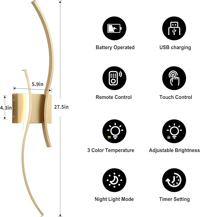 Battery Operated Wall Sconces with Remote Control, Stepless Colors 3000K-6000K & Dimming, LED Gold Wireless Wall Light for Living Room, Hallway, Bedroom, 27.5 Inch (1 Pack)