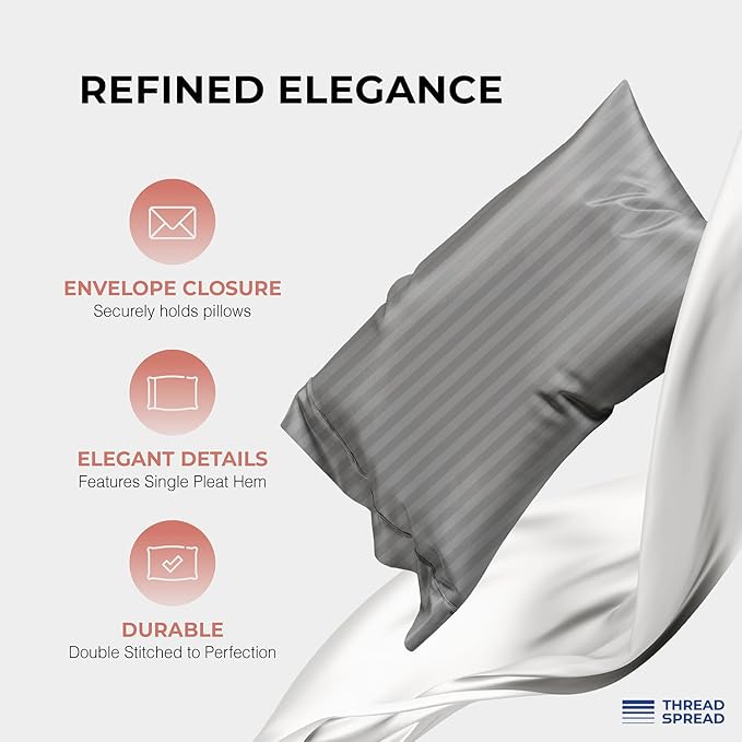 THREAD SPREAD 100% Egyptian Cotton Sheets Queen Size - 1200 Thread Count 4 PC Damask Sheet Set Egyptian Cotton, Sateen Luxury Sheet Queen Size, Soft Sateen Sheets, 17" Deep Pocket - Dark Grey Stripe