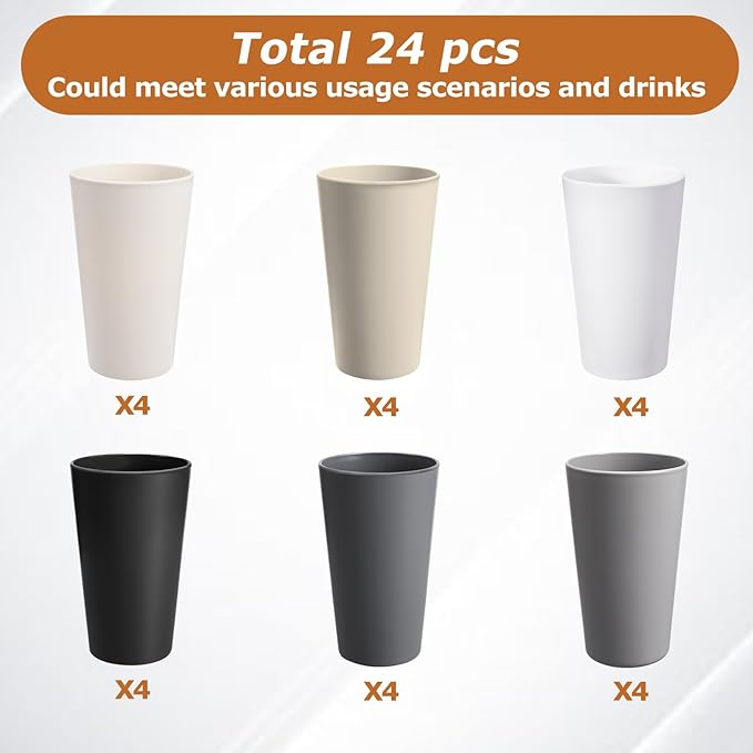 24 Pcs Unbreakable Plastic Cups Set, 20 oz Reusable Plastic Cups, Stackable Water Tumblers, Drinking Cup for Kitchen, Outdoor, BPA-free, Dishwasher Refrigerator and Microwave Safe (20 oz, 6 Colors)