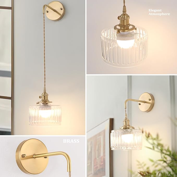 Battery Operated Wall Sconce with Clear Striped Shade Pattern Glass Adjustable Chain Retro Gold Wall Mounted Light, Modern Wall Lamp Fixtures Decor for Bedside Bedroom Indoor Doorway
