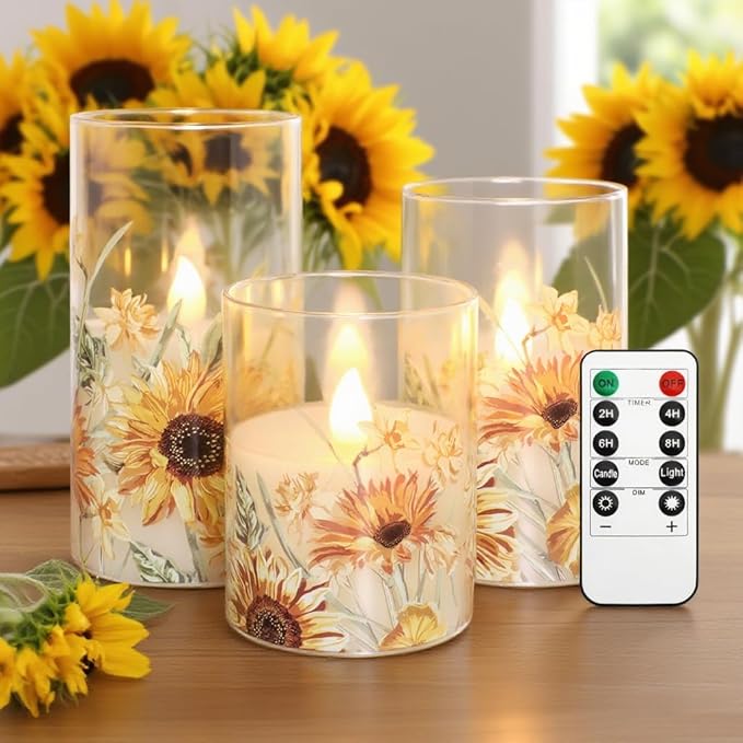 Sunflower Glass Flameless Candles with Remote Battery Operated Flickering LED Pillar Candle Summer Fall Autumn Christmas Decorations Gifts for Women Mom Mothers Day Birthday, Set of 3