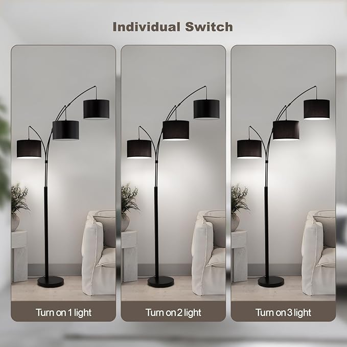 Floor lamp with Remote, 3 Light Arc Floor Lamps for Living Room, 2400LM Tall Standing Floor Lamps with Black Shades, 80" Large Floor Lamp for Bedroom, Office