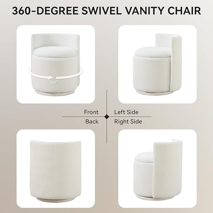 Velvet Vanity Chair with Storage, 360° Swivel Makeup Chair with Wave Back, No Assembly Small Accent Stool for Bedroom, Dressing, Living Room, White