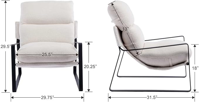 Mid-Century Accent Chair, Comfy Sherpa Fabric Side Chair with Armrest, Upholstered Leisure Chair with Black Metal Frame for Living Room Bedroom Reception Room, White