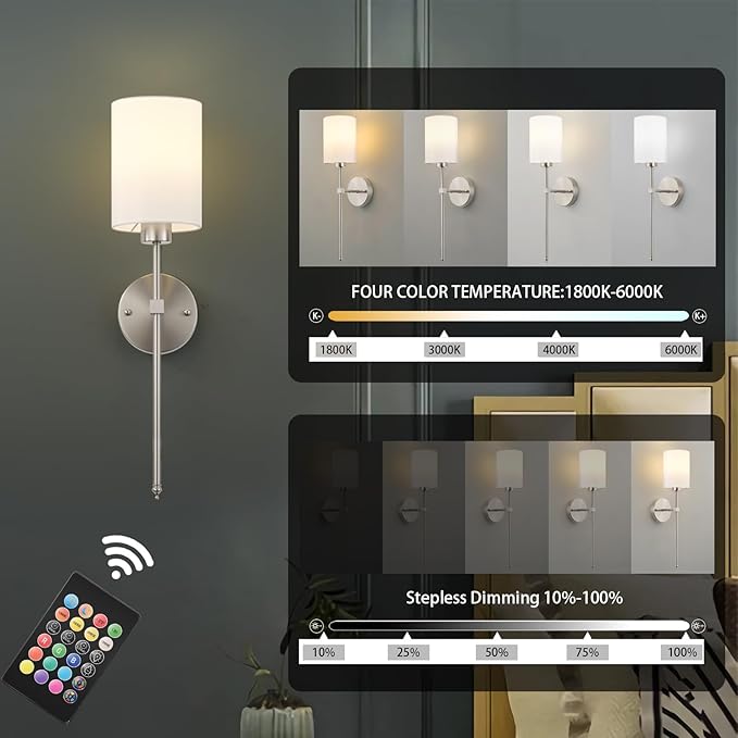 Battery Operated Wall Sconce Set of Two,Wireless Rechargeable Wall Light With Remote Control, Dimmable, 1800K/3000K/4000K/6000K/RGB, Timer, for Living Room, Bedroom, Fireplace, TV, 26.8 Inch, Nickel