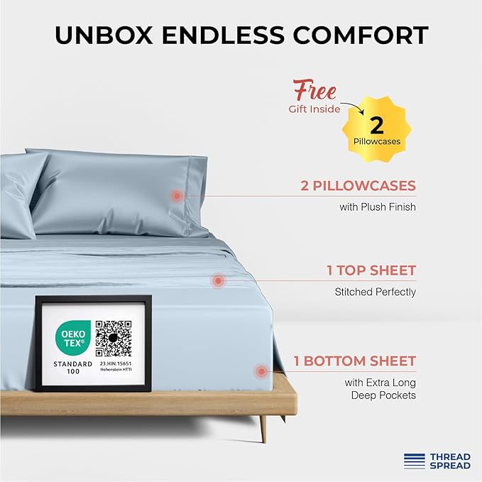 THREAD SPREAD 100% Egyptian Cotton Sheets California King Size - 1200 Thread Count 4 PC Cal King Sheets Egyptian Cotton, Cooling Sateen Sheets, High Thread Count Sheets California King - Light Blue
