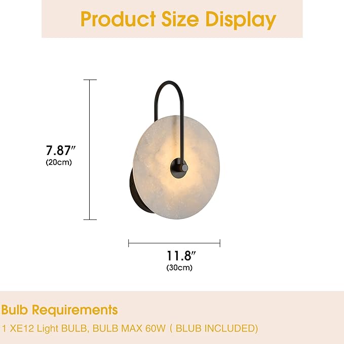 Round Alabaster Wall Sconce, Natural Marble Lampshade Wall Sconce, Hardwired Circular Sconce LED Modern Wall Lamp for Bedroom, Stairs, Living Room, Bedside, Hallway 7.84 Inch Black