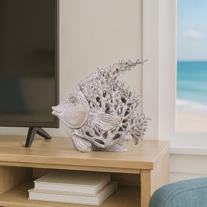 Beach Coastal Decor Coral Reef Angelfish Figurines, Modern Nautical Decor Ocean Centerpieces for Living Room, Bathroom, Office, Coffee Table, Beach House, Seaside, Entrance, Shelf Decorative