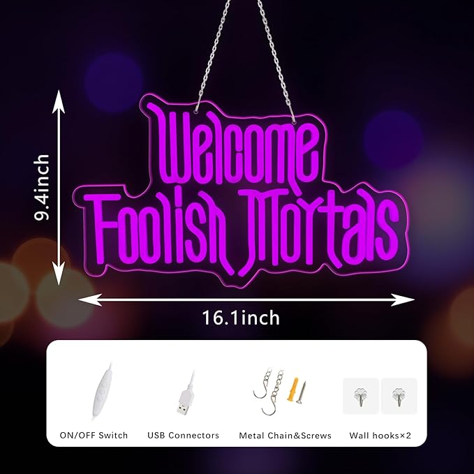 Halloween Welcome Foolish Mortals Neon Sign, Dimmable Gothic Haunted Coffin Halloween Decoration, USB Powered Neon Light, Wall Decor for Home, Bar & Party (Comes with Hooks, Nails and Adhesive Hooks)