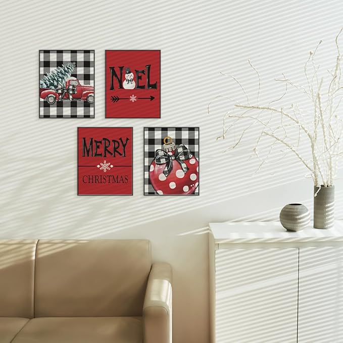 ETVISO Christmas Decor, Christmas Red Wall Art Prints Set of 4, Retro Vintage Xmas Poster, Winter Holidays Gift Print Decor for Gallery Living Room Bathroom, 8x10 (Unframed)