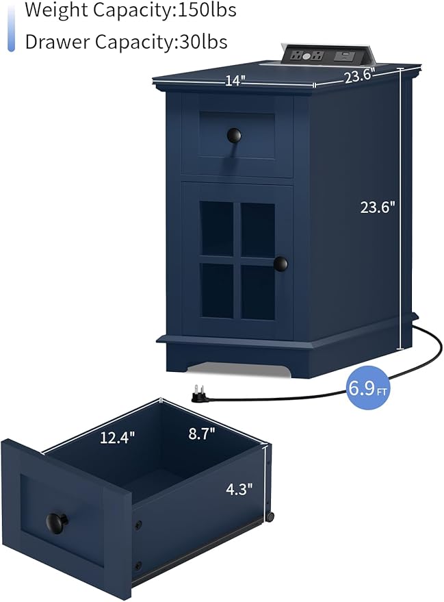 HIFYOBRO End Table with 1 Drawer, Storage Side Table with Flip Top Charging Station, Type-C & USB Port & Power outlets, Wooden Storage Cabinet for Bedroom/Living Room