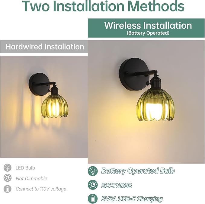 Vintage Battery Operated Wall Sconce with Cute Green Tulip Glass Lampshade Wireless Rechargeable Battery Powered Black Wall Light with Remote Control for Bedside Bedroom Doorway