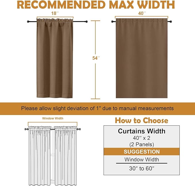 Aiyufeng Brown Short Blackout Curtains for Bedroom 54 Inches Long 2 Panels Set, Solid Thermal Insulated, Energy Saving Window Treatment Curtains Blackout Drapes, W40 x L54 Inch, Brown