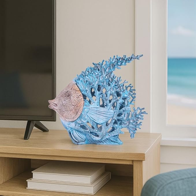 Beach Coastal Decor Turquoise Coral Reef Angelfish Figurines, Modern Nautical Decor Ocean Centerpieces for Living Room, Bathroom, Office, Coffee Table, Beach House, Seaside, Entrance, Shelf Decorative