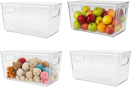 4 Pack Plastic Storage Bins, Clear Refrigerator Drawer Organizer Containers with Handles, Stackable Pantry Organization Boxes for Home Kitchen Fridge Freezer Cabinet Bathroom
