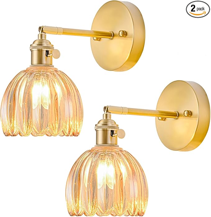 Wall Sconces Set of Two Hardwired, Vintage Sconce Light with Tulip Amber Glass Lampshade, Bathroom Wall Lights with Switch, Gold Wall Light Sconces Wall Decor Set of 2
