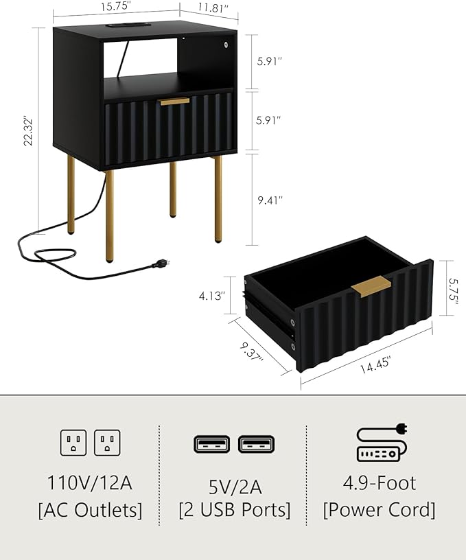 Masupu Nightstand with Charging Station,Mid-Century Modern Bedside Table with Storage Drawer and Open Wood Shelf,Small Gold Frame Side Table for Bedroom,Living Room (Black Fluted)
