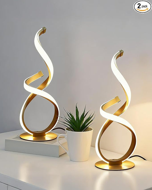 2 Pack Bedside Table Lamp, LED Spiral Desk Lamp, Touch Dimmable, 3 Color Temperature, Modern Nightstand Light for Night Stands, Unique Side Light for Bedroom, Living Room, Gold