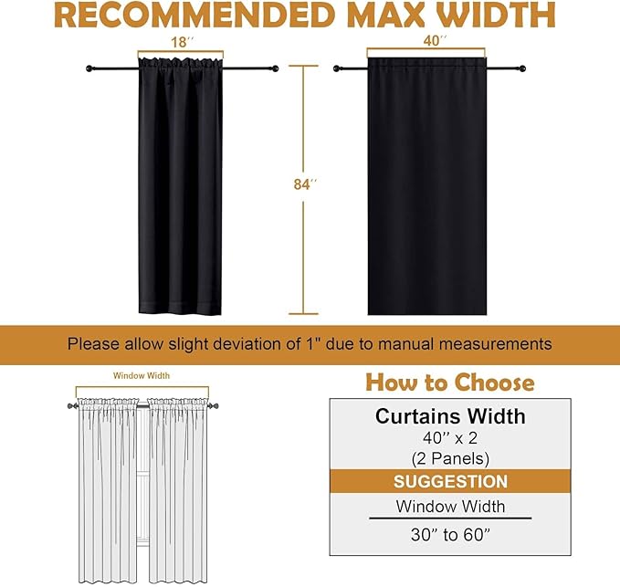 Aiyufeng Halloween Black Blackout Curtains for Bedroom 84 Inch Length 2 Panels Set, Solid Thermal Insulated Privacy Living Room Window Treatment Curtains Blackout Drapes, W40 x L84 Inch, Black