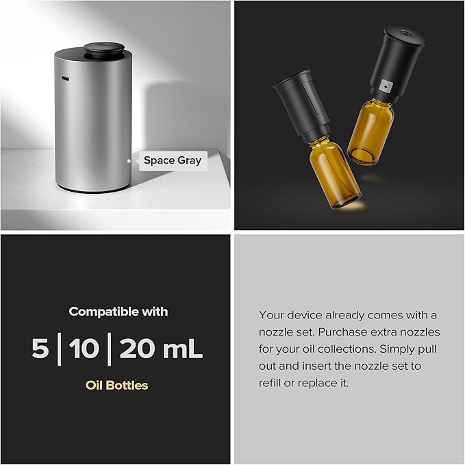 Airversa Waterless Essential Oil Diffuser Starter Kit with 4 x 10mL Fragrance Scent Oil, Battery Operated Mini Scent Air Machine Portable Diffuser for Home Car Office, ANX Black Kit01