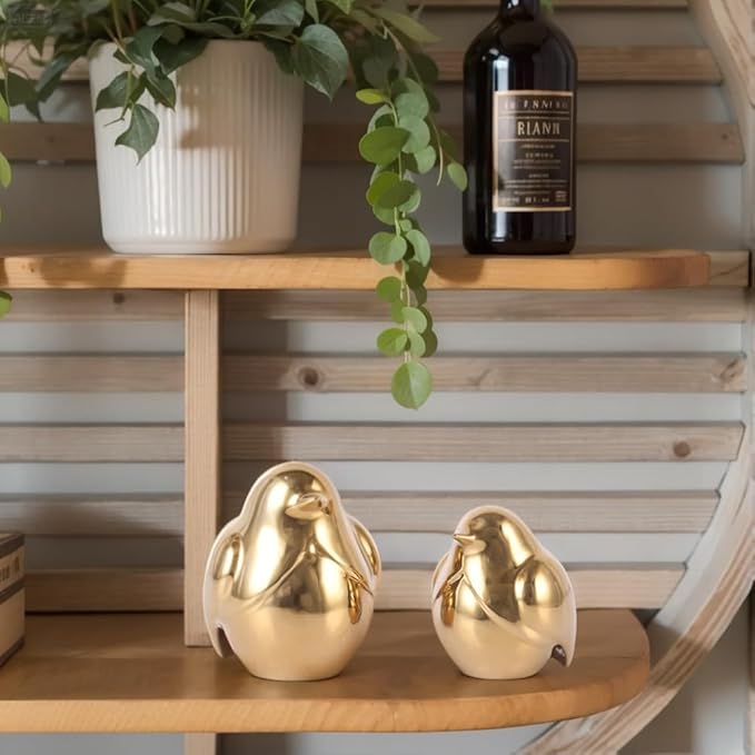 Gold Bird Figurines Set of 2 – Modern Ceramic Birds Sculptures for Shelf Decor, Table Centerpiece, Desk or Mantel Display – Shiny Gold Home Accents for Living Room, Bedroom, Office
