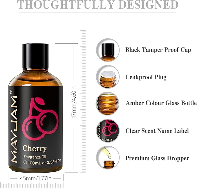 MAYJAM 100ML/3.38FL.OZ Cherry Fragrance Oils with Glass Dropper, Essential Oils for Diffusers for Home, Long Lasting Scented Oils for Diffusers Soap Candle Making