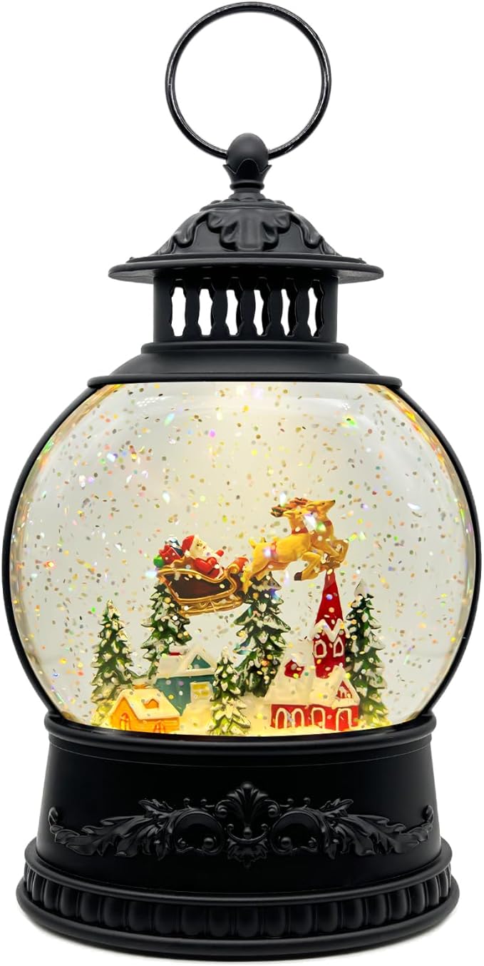 Christmas Snow Globe Lantern with Music & Timer - USB/Battery Operated LED Glittering Globe, Snow Globe Decor for Home Holiday (Reindeer)