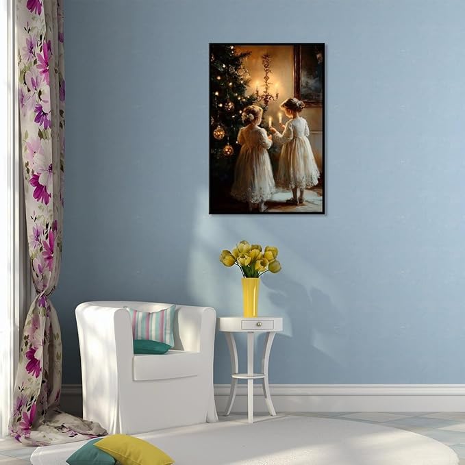 Vintage christmas wall art christmas tree wishing girl canvas poster winter room holiday decoration for farmhouse cabin living room bedroom black framed12x16inch