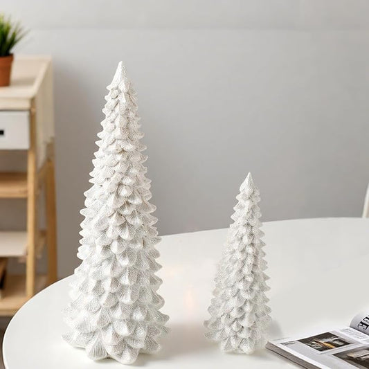 2Pcs Christmas Tree Decoration Figurines, Christmas Tree Statues Glittered Resin Desktop Mini Small Tabletop Ornaments Holiday Fireplace Home Decor Gifts (White)