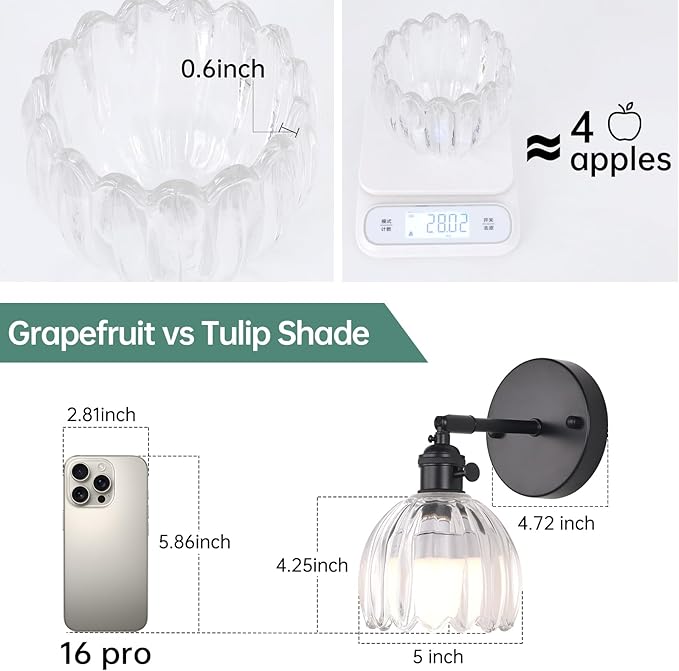 Vintage Battery Operated Wall Sconce with Cute Transparent Tulip Glass Lampshade Wireless Rechargeable Battery Powered Black Wall Light with Remote Control for Bedside Bedroom Doorway