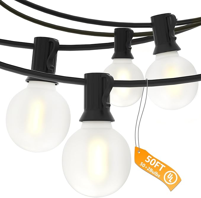 SUNSGNE G40 Outdoor String Lights Waterproof, 50FT Outdoor Hanging Lights with 52 Globe Frosted White LED Bulbs(2 Spare) for Outside Patio Tent Porch Garden Backyard Balcony Deck Decor