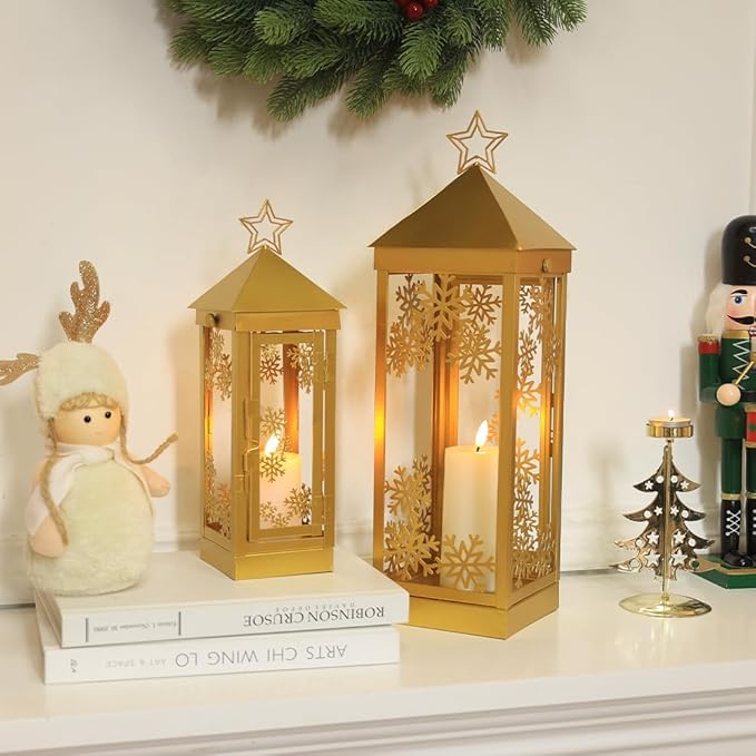 NEEDOMO Christmas Decorations Outdoor&Indoor, 17''/12'' Metal Candle Lantern Decor,Christmas Lanterns with Snowflakes Stars and LED Candle for Home Porch Patio Table Centerpieces, Xmas,No Glass