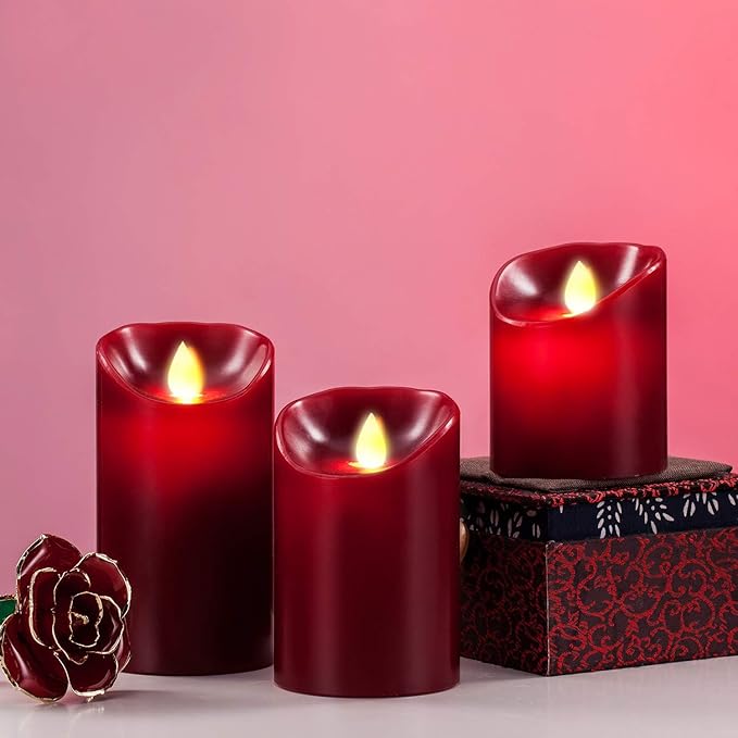 Flameless LED 4/5/6-Inch Drip-Less Wax Pillar Candles - Real Wax & Real Flickering Candle Motion - with Remote 24-Hour Timer Function,Burgundy Color,Sets of 3