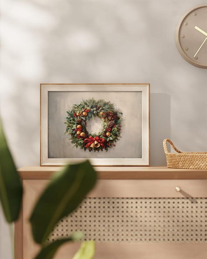 InSimSea Christmas Decor Framed Wall Art, Christmas straw wreath Canvas Painting, Pleasant Holiday decor Unique Christmas Gifts For Table Wall Farmhouse Mantel Home Office 12L x 16W