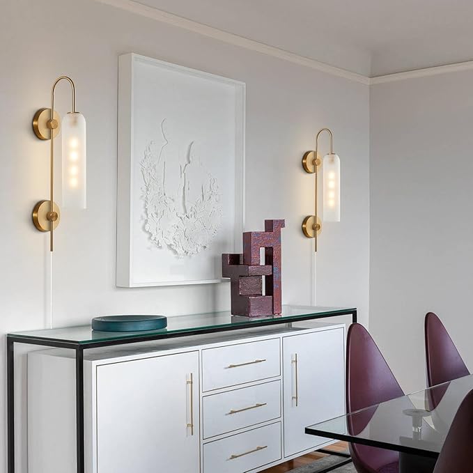 BOKT Mid Century Modern Plug in Wall Sconces Indoor Long Brushed Gold Milk White Glass Sconces Wall Lighting Single Wall Sconce Bathroom Vanity Light Brass Wall Mounted Light Fixture (White)
