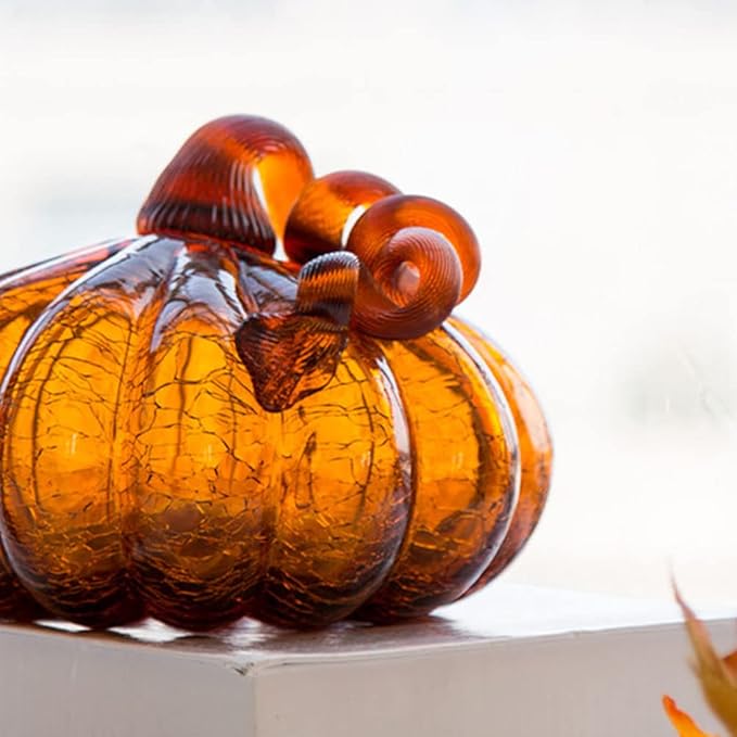 Glitzhome 5.51" H Amber Hand Blown Crackle Glass Pumpkin for Fall Harvest Thanksgiving Halloween Decoration