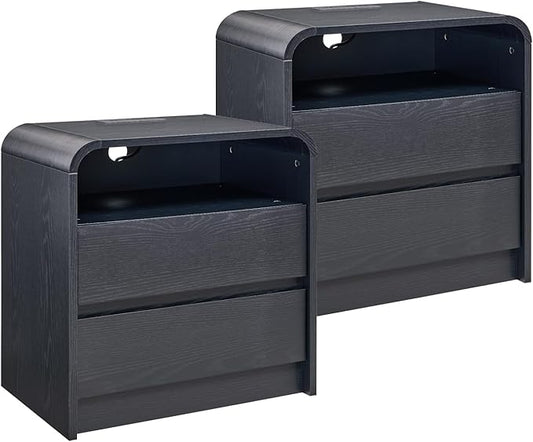 25" Tall Modern Nightstand Set of 2, 23.6'' Wide Wood Bedside Table w/2 Storage Drawers, Charging Station, Mid Century End Table for Bedroom, Living Room,Curved Profile Design, Black